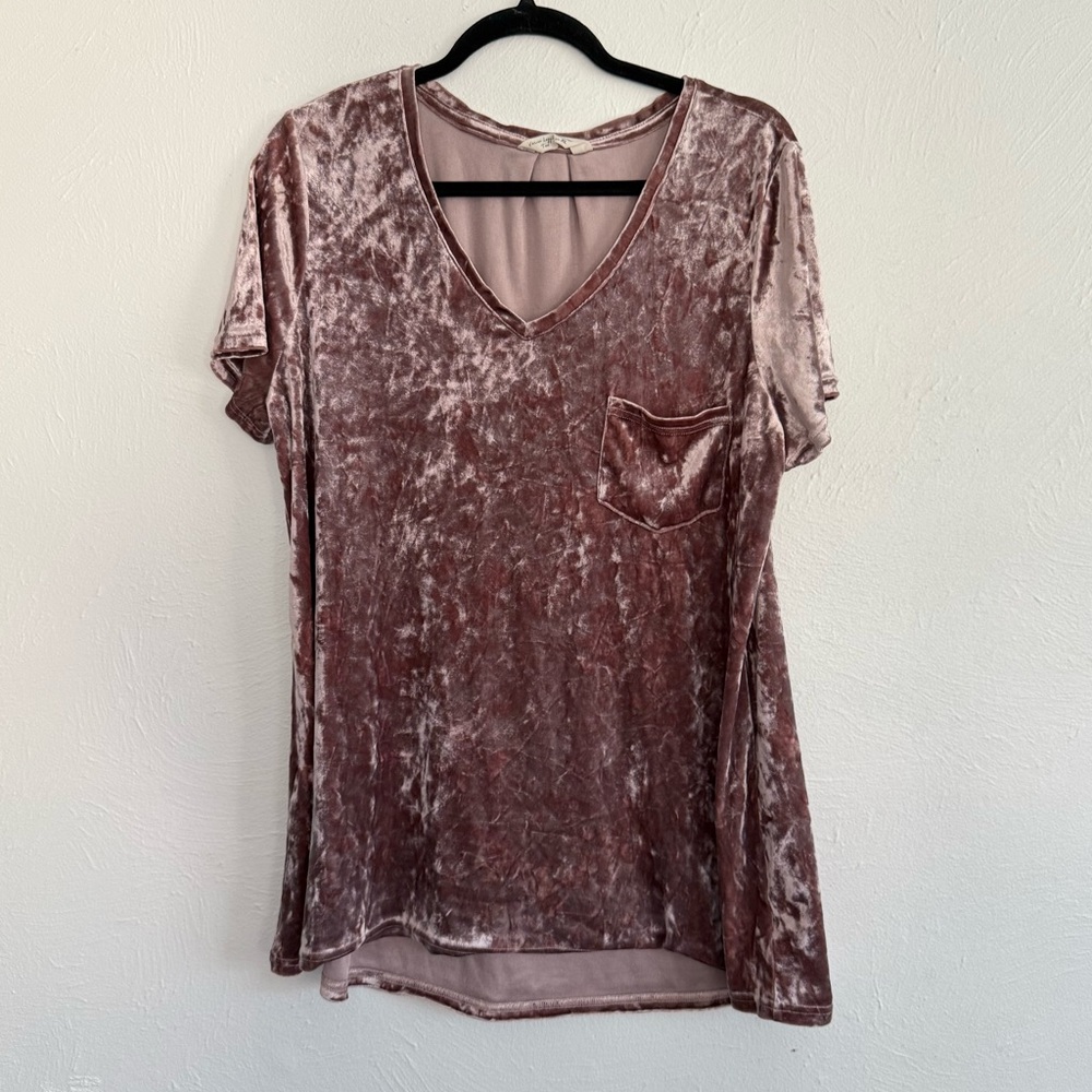 Spring & Mercer Pink Crushed Velvet V Neck Legging Tee Shirt Extra Large